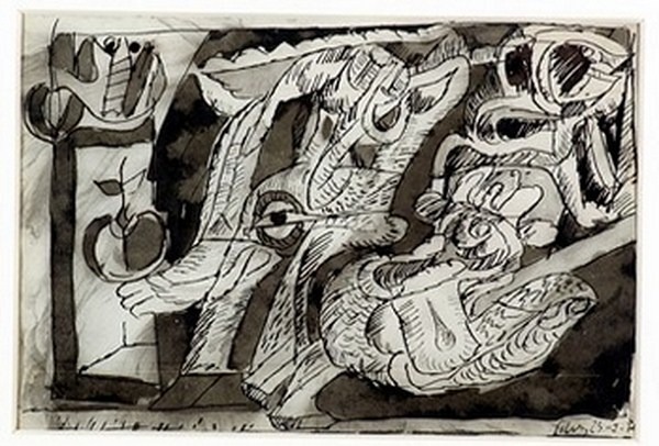 Silva Julio - Frutas y legumbres- tinta sobre papel - 67cm x 52cm - 1970
