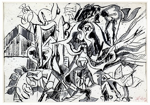 Silva Julio - Sobre los techos- pluma de oca + levis + papel anciano - 32cm x 23cm - 1968