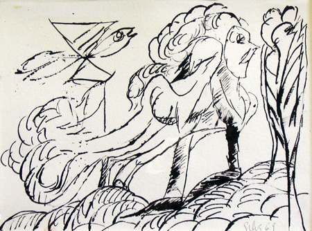 Silva Julio - Su cosa de plumas - tinta sobre papel - 67cm x 52cm con marco - 1969